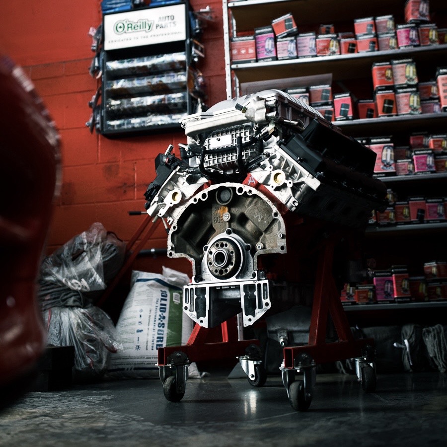 V-engine short block on an engine stand