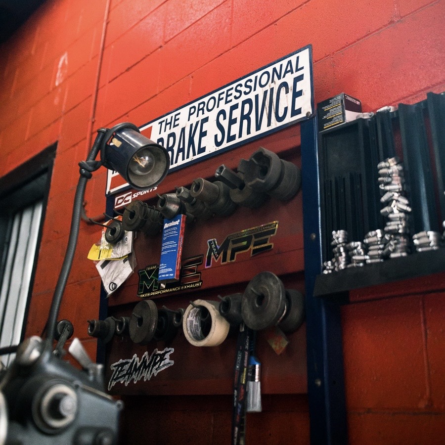 The Professional Brake Service tooling wall inside the shop