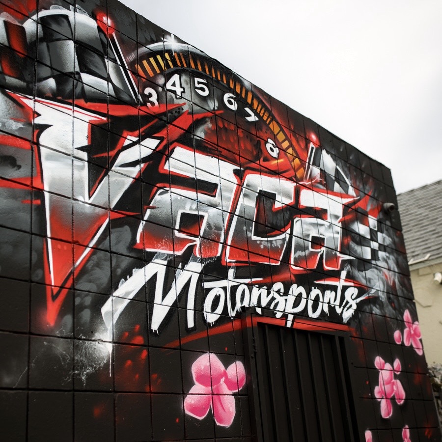 Close-up of the Vaca Motorsports speedometer logo mural